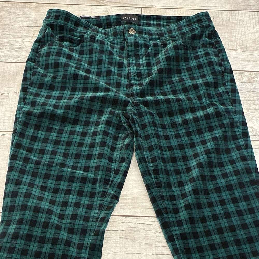 TALBOTS Velveteen Straight Leg Pants‎ Womens 10 Green Black Tartan Plaid Stretch - Picture 2 of 9